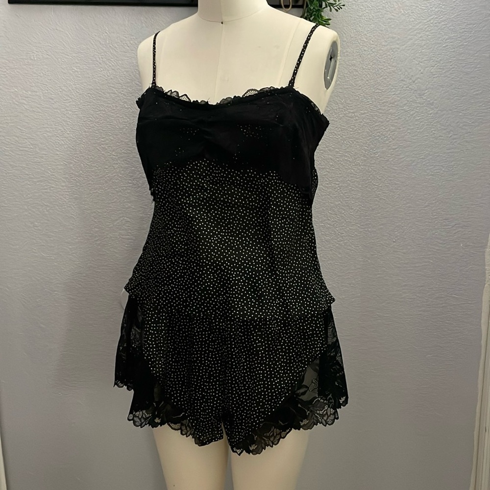 Free People Cami and Sleeping Shorts Set Sz L, Black PJ Set, Lace, Polka Dot